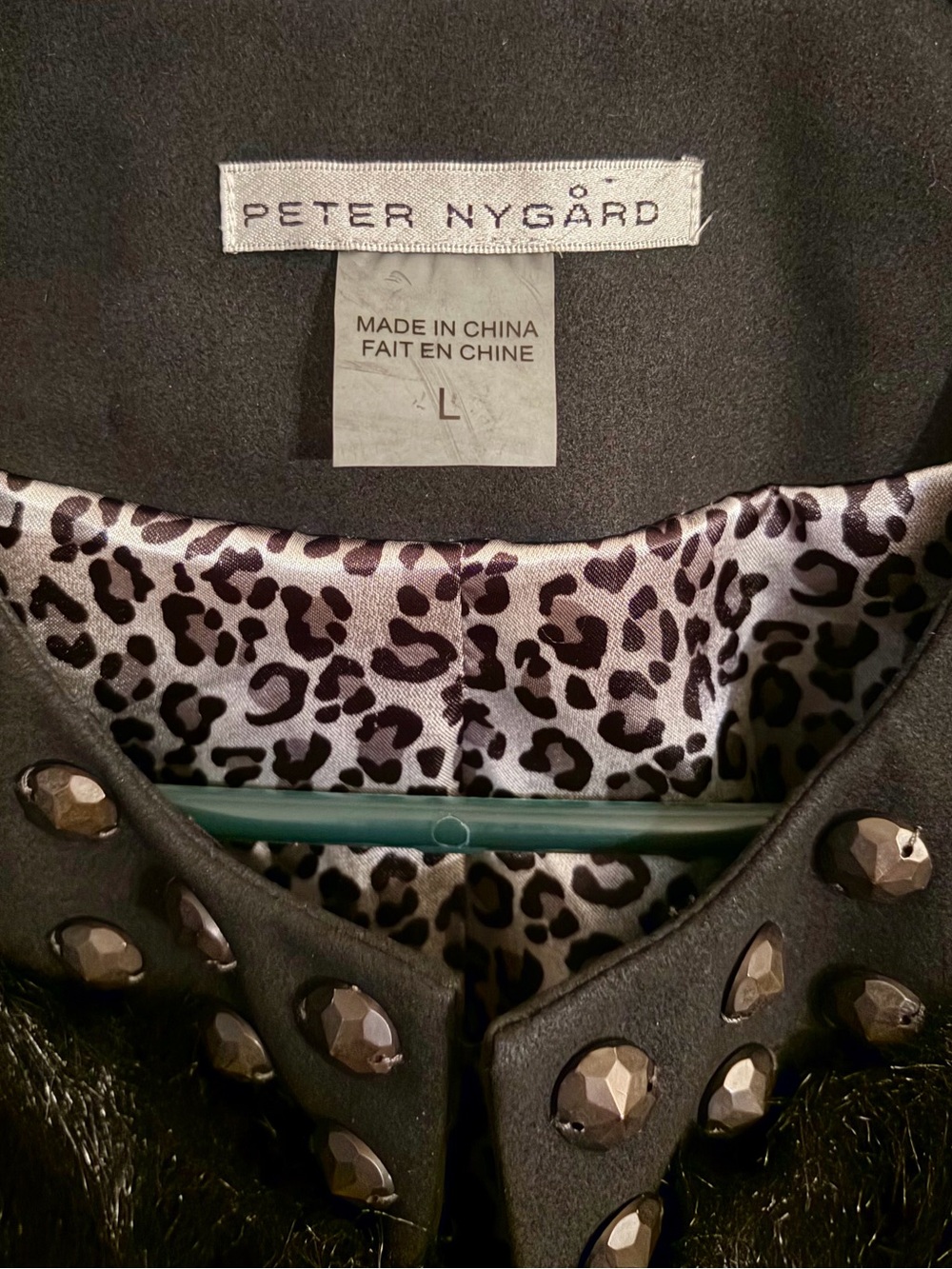 Peter Nygård Faux Fur Vest with Leopard Satin Lining Studded Collar Excellent